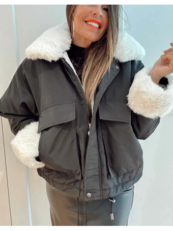 Cazadora Oversize Pelo MISCHA Negro/Blanco HEVE