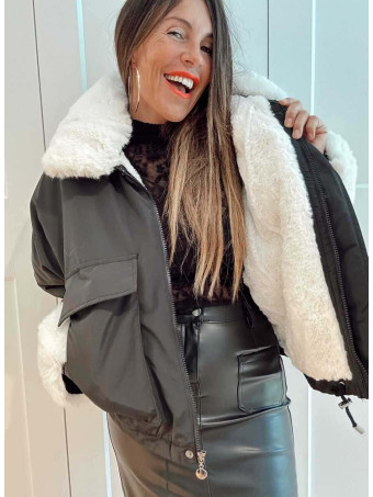 Cazadora Oversize Pelo MISCHA Negro/Blanco HEVE