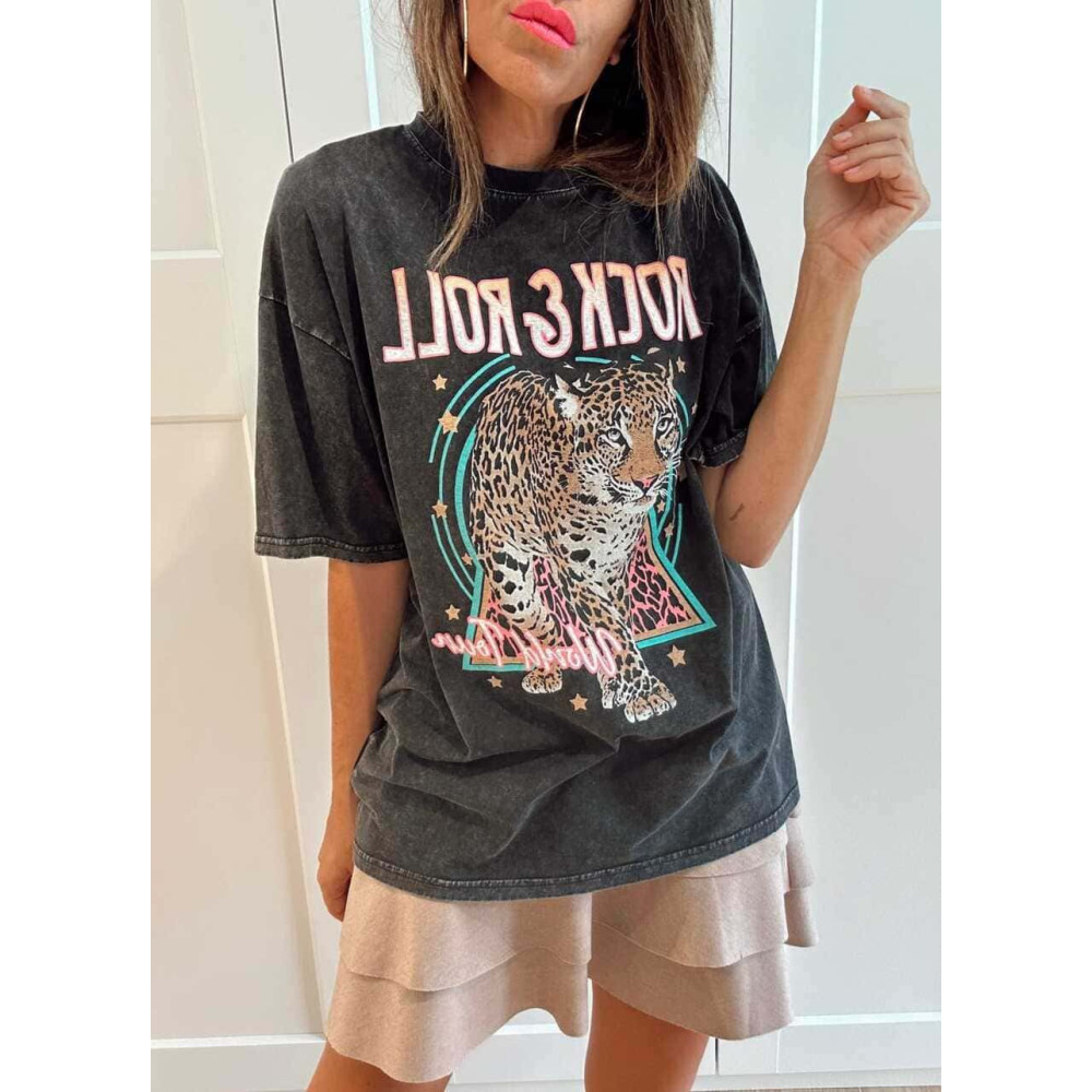 Camiseta Gráfica Oversize ROCK AND ROLL WORLD TOUR Negro HEVE Camiseta Gráfica Oversize ROCK AND ROLL WORLD TOUR Negro HEVE