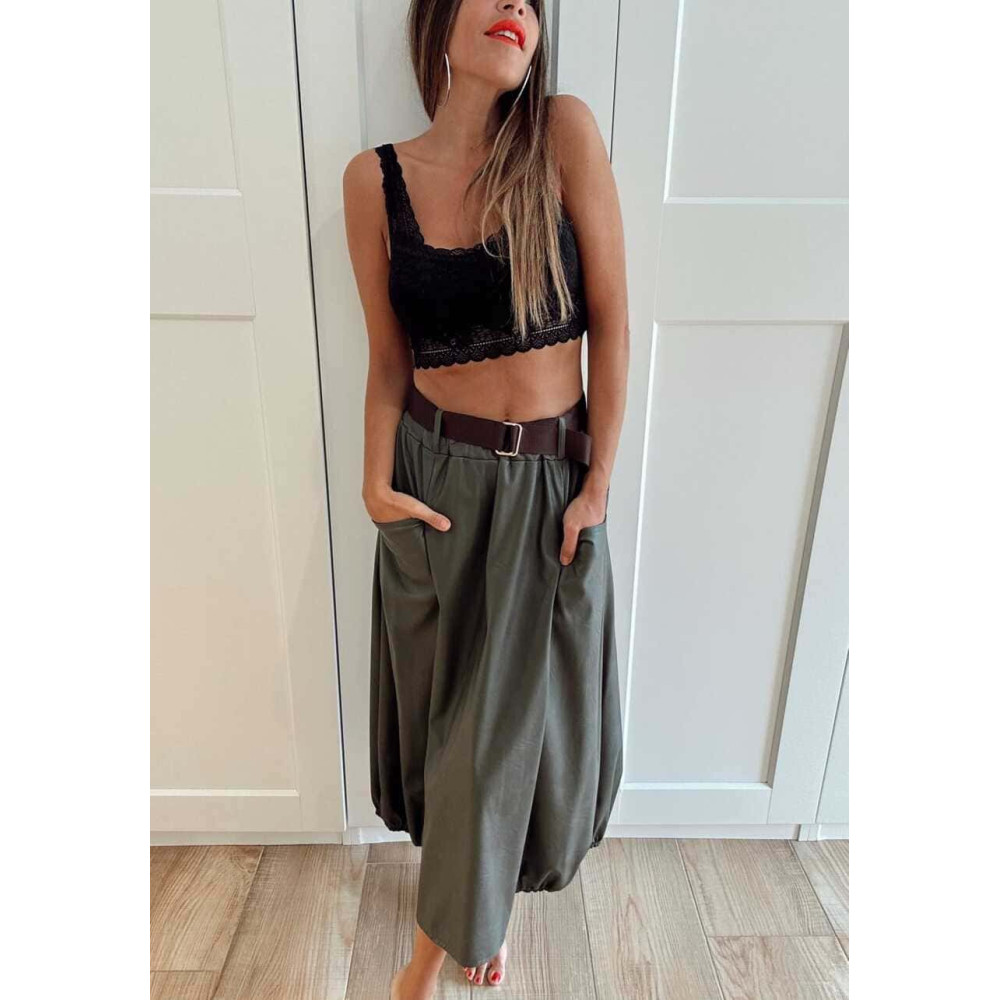 Falda Polipiel con Cinturón VELKARA Verde Militar HEVE Falda Polipiel con Cinturón VELKARA Verde Militar HEVE