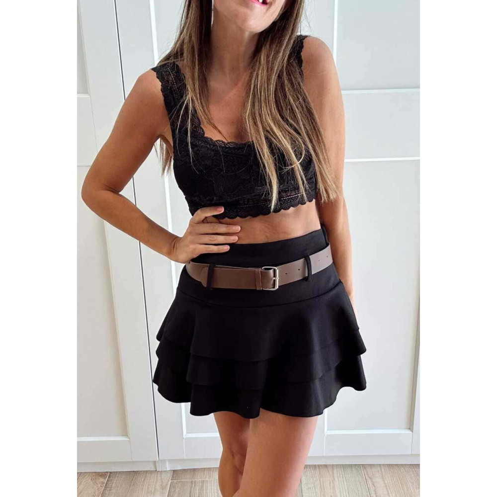 Falda Volantes con Cinturón MIRALYS Negro HEVE Falda Volantes con Cinturón MIRALYS Negro HEVE