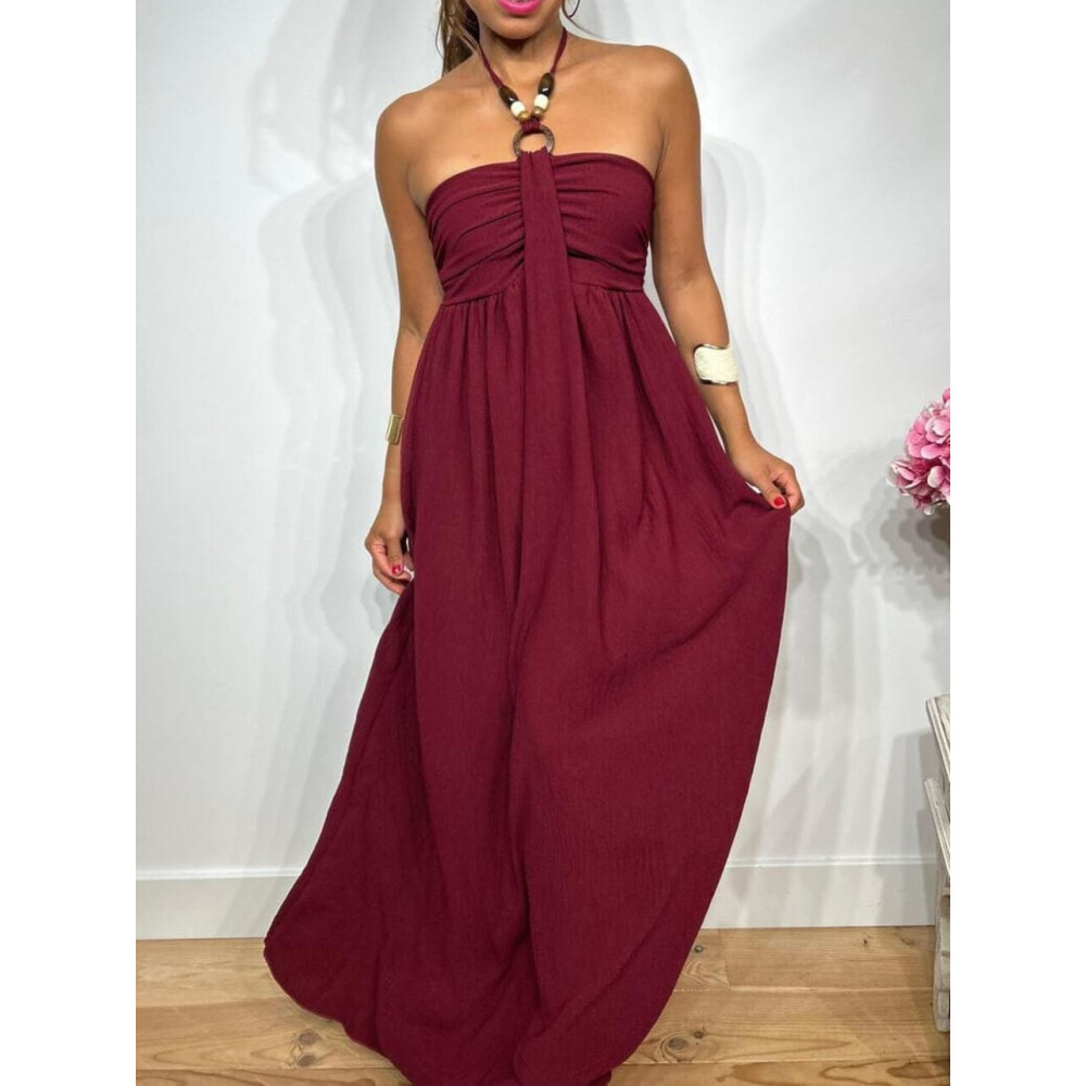 Vestido Arandela y Abalorios TUWIR Burdeos HEVE Vestido Arandela y Abalorios TUWIR Burdeos HEVE
