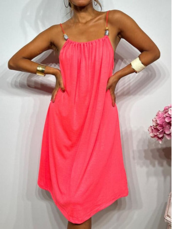 Vestido Corto Tirantes con Abalorios SACHILA Rosa Flúor HEVE