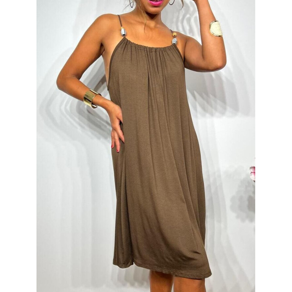 Vestido Corto Tirantes con Abalorios SACHILA Marrón HEVE