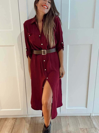 Vestido Camisero con Cinturón SILORA Burdeos HEVE