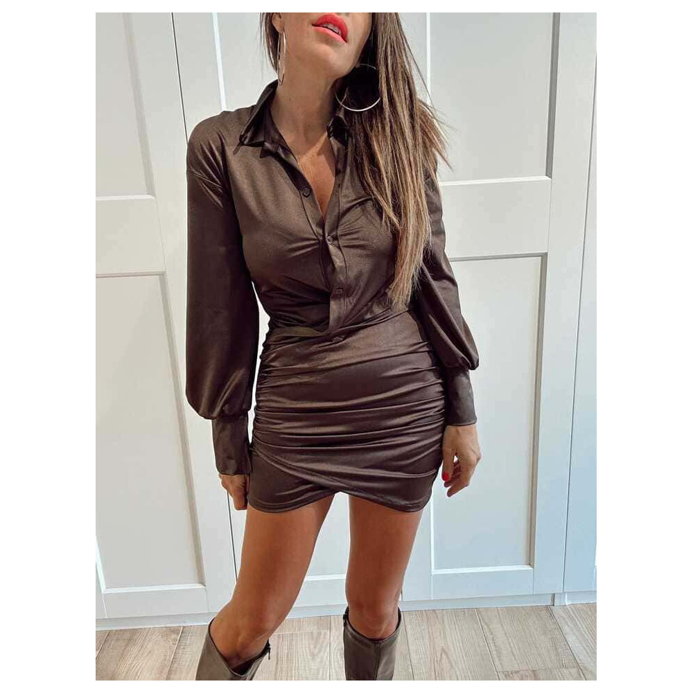 Vestido Camisero Drapeado GALEVIA Marrón HEVE