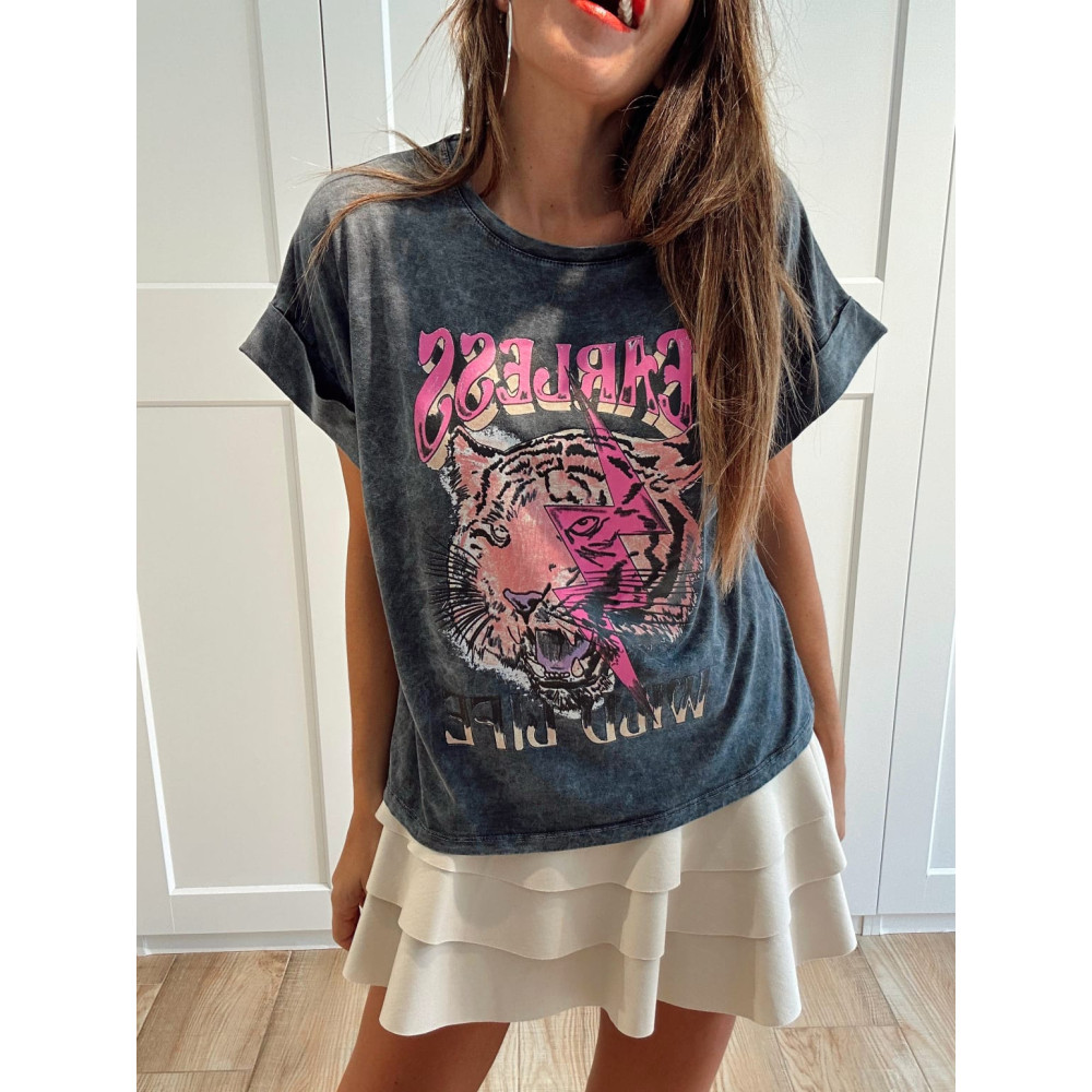 Camiseta Algodón FEARLESS WILD LIFE Gris/Rosa HEVE