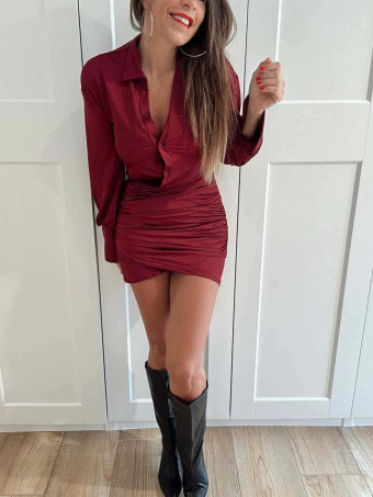 Vestido Camisero Drapeado GALEVIA Burdeos HEVE