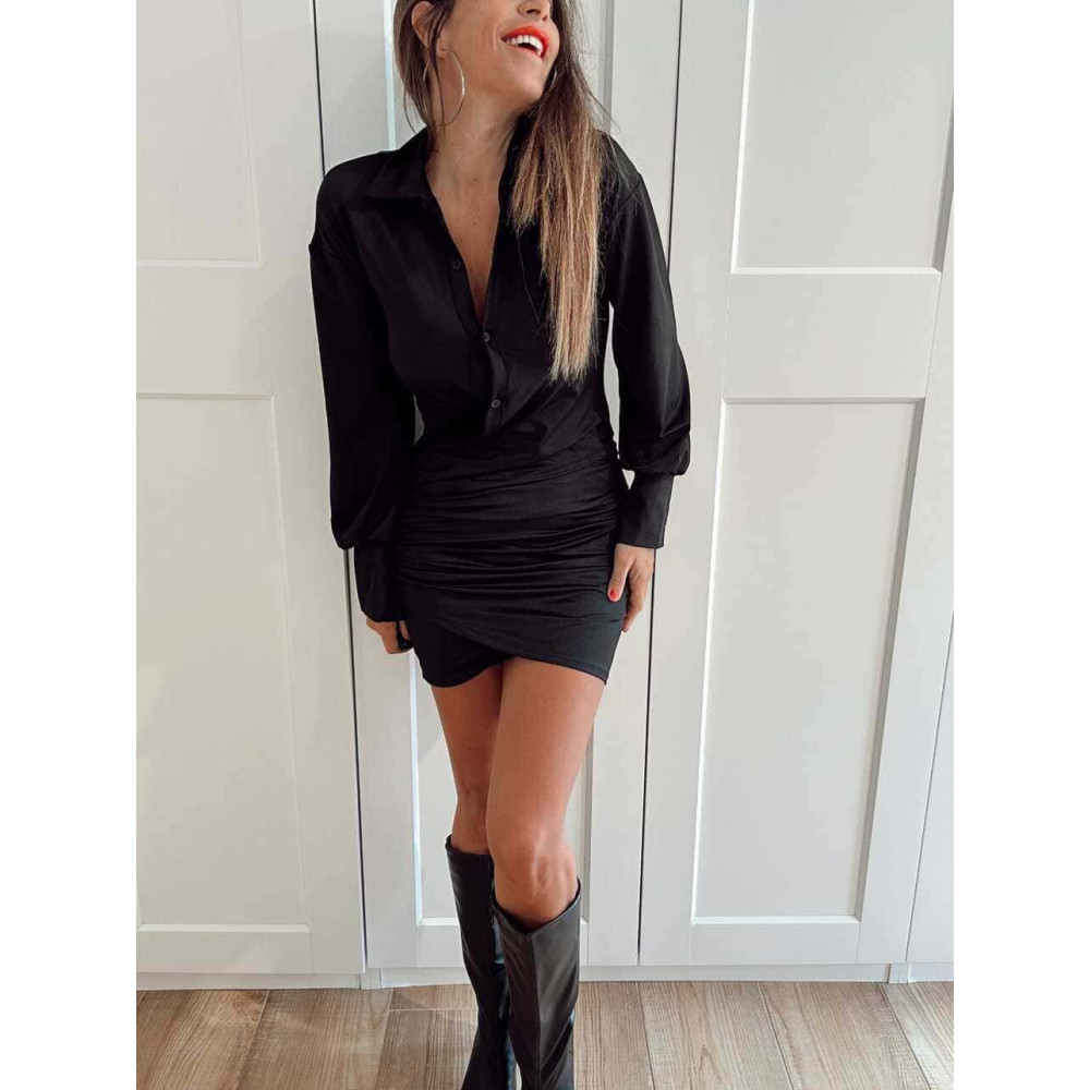 Vestido Camisero Drapeado GALEVIA Negro HEVE