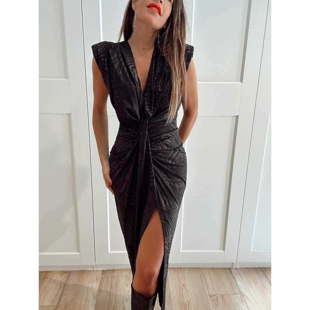 Vestido Drapeado Hombreras SEREIN Negro HEVE