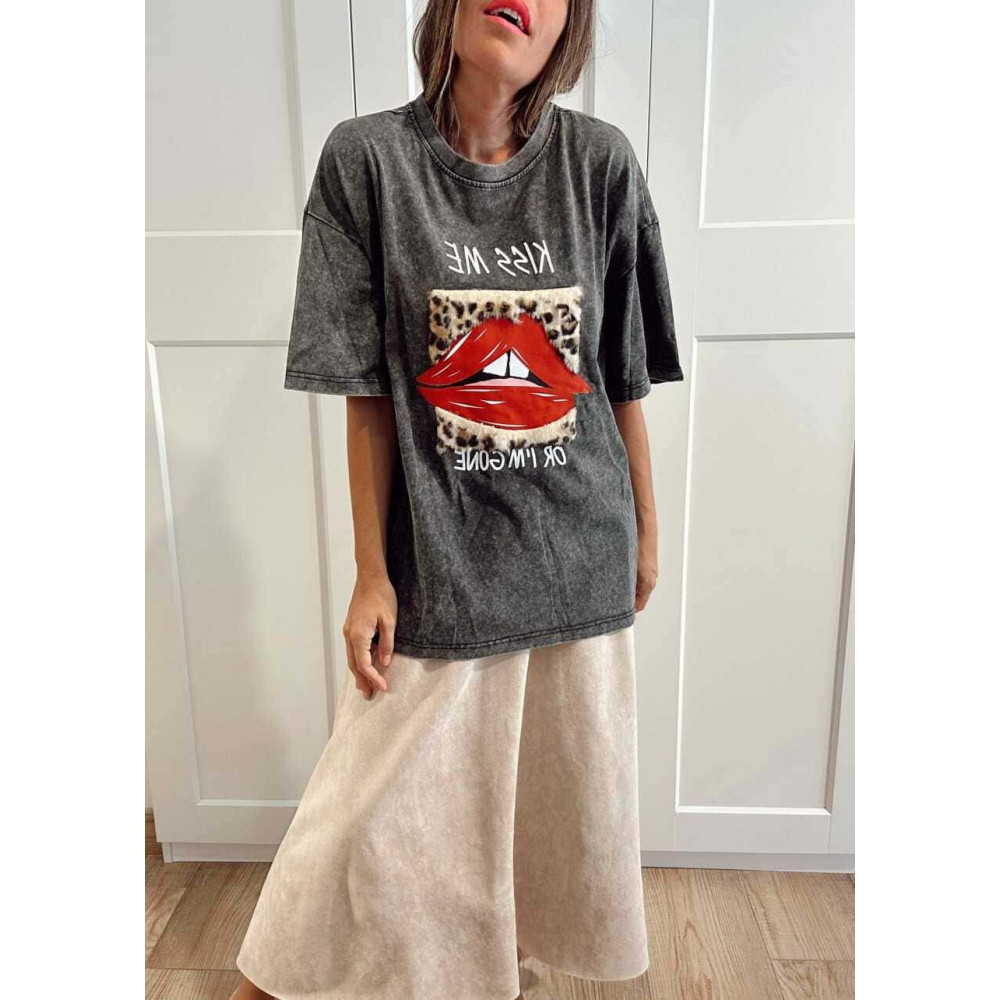 Camiseta Oversize KISS ME OR I´M GONE Gris HEVE