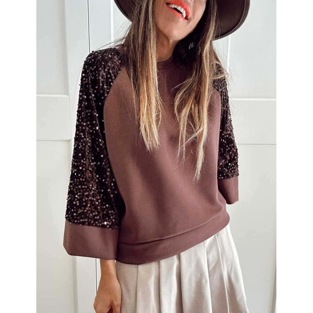 Sudadera Soft Touch Lentejuelas LUMARYS Marrón HEVE Sudadera Soft Touch Lentejuelas LUMARYS Marrón HEVE