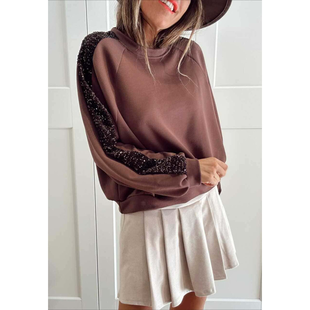 Sudadera Soft Touch Lentejuelas GLISVA Marrón HEVE Sudadera Soft Touch Lentejuelas GLISVA Marrón HEVE
