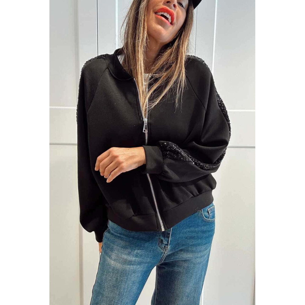 Sudadera Lentejuelas con Cremallera RAYLIA Negro HEVE Sudadera Lentejuelas con Cremallera RAYLIA Negro HEVE