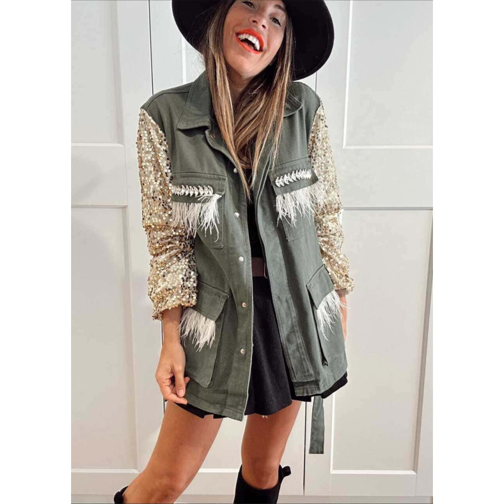 Sahariana Denim Strass DIVAT Verde Militar HEVE Sahariana Denim Strass DIVAT Verde Militar HEVE