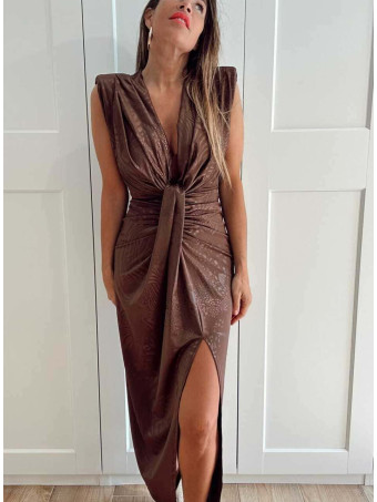 Vestido Drapeado Hombreras SEREIN Marrón HEVE