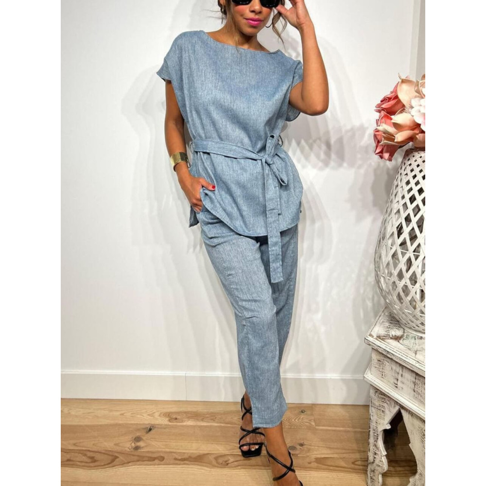 Conjunto Cuerpo y Pantalón Lino SOOMY Azul HEVE Conjunto Cuerpo y Pantalón Lino SOOMY Azul HEVE