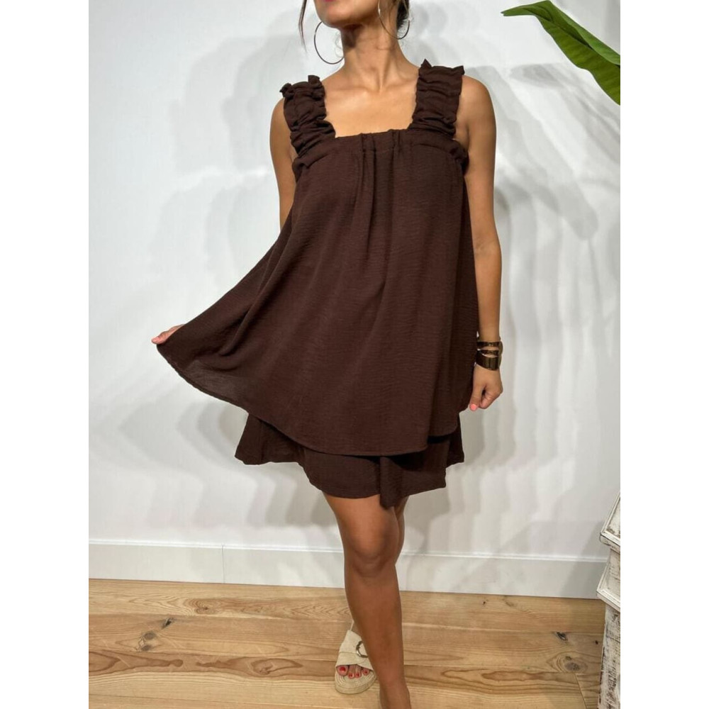 Conjunto Blusa Lazada y Bermuda SELENGE Marrón HEVE Conjunto Blusa Lazada y Bermuda SELENGE Marrón HEVE