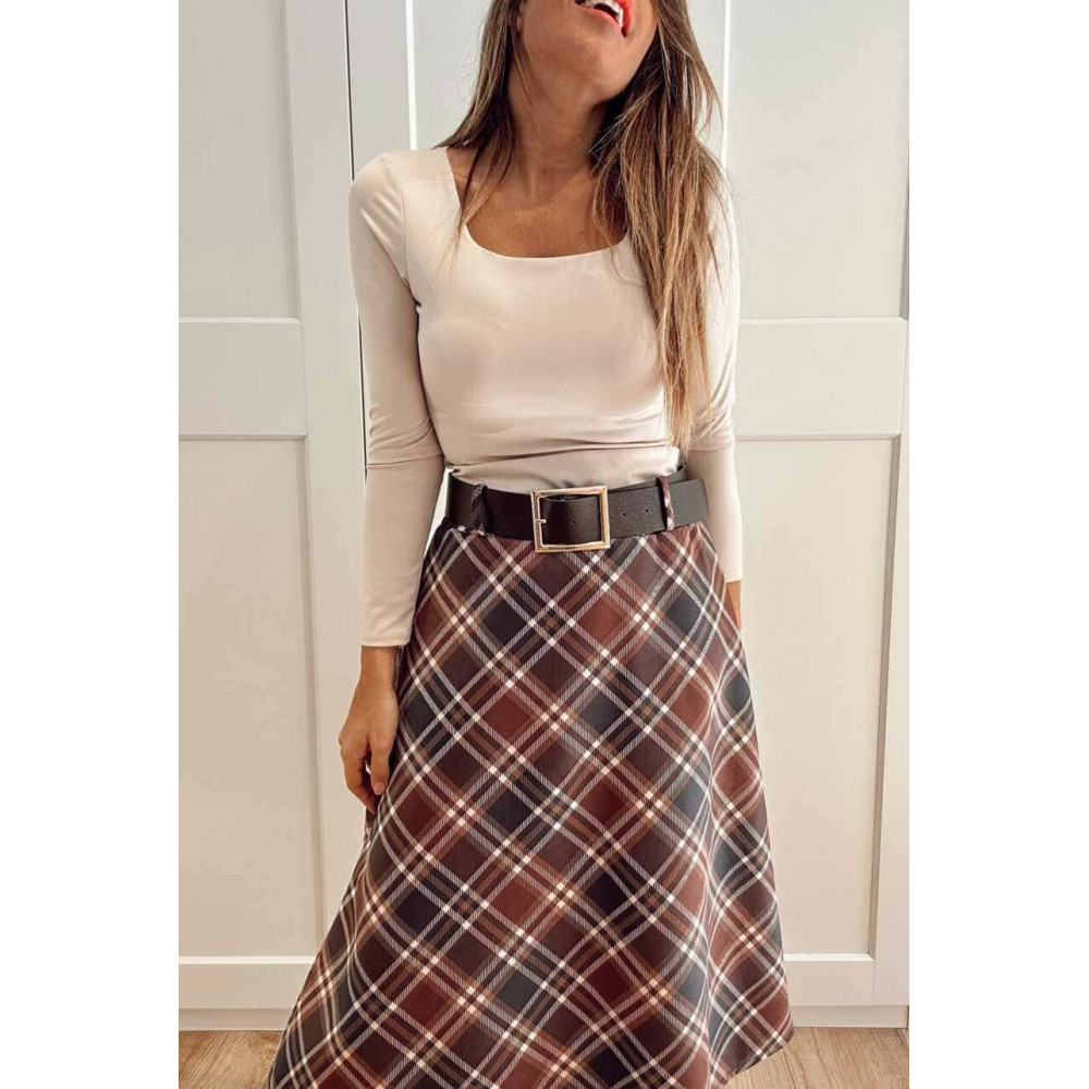 Falda Cuadros con Cinturón HARLEE Marrón HEVE Falda Cuadros con Cinturón HARLEE Marrón HEVE