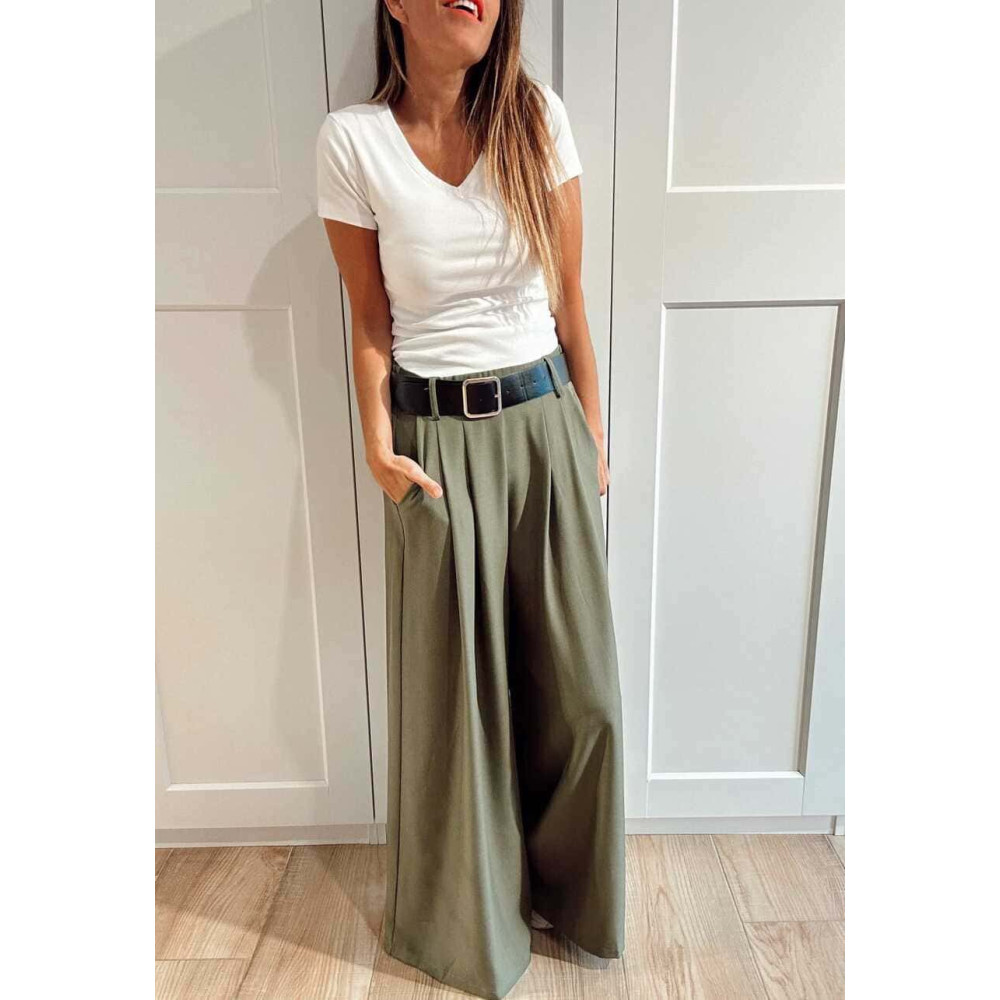 Pantalón Palazzo Cinturón CHARMELLIE Verde Militar HEVE