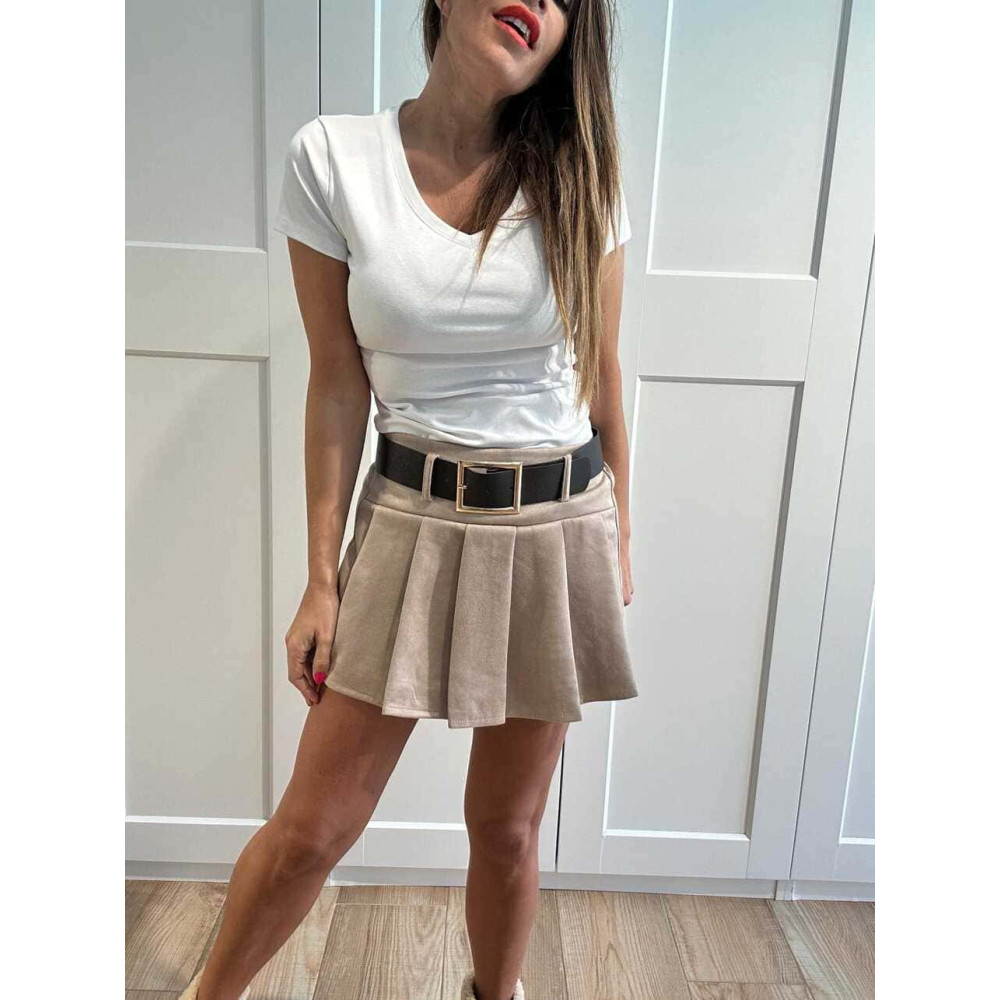 Falda Pantalón Plisada con Cinturón FRANNIE Beige HEVE