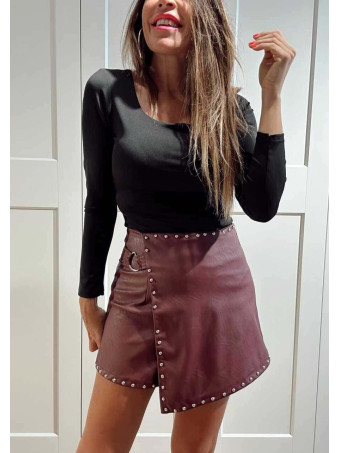 Falda Pantalón Efecto Piel con Tachas GAUTHIER Burdeos HEVE