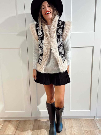 Chaleco Bordado Floral SUMAYRA Negro/Gris HEVE
