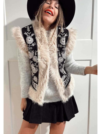 Chaleco Bordado Floral SUMAYRA Negro/Gris HEVE