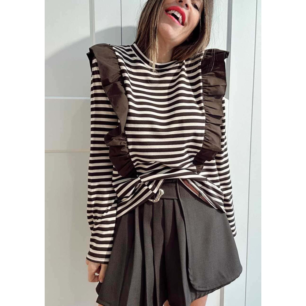 Camiseta Rayas con Volante GHAZAL Marrón/Beige HEVE