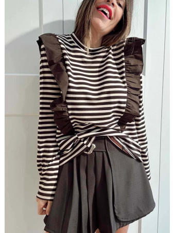 Camiseta Rayas con Volante GHAZAL Marrón/Beige HEVE