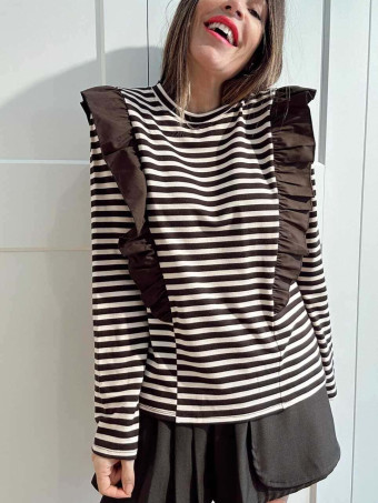 Camiseta Rayas con Volante GHAZAL Marrón/Beige HEVE