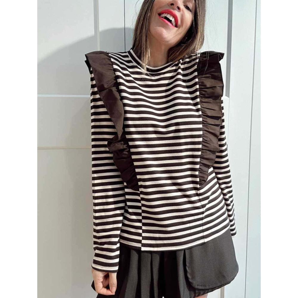 Camiseta Rayas con Volante GHAZAL Marrón/Beige HEVE