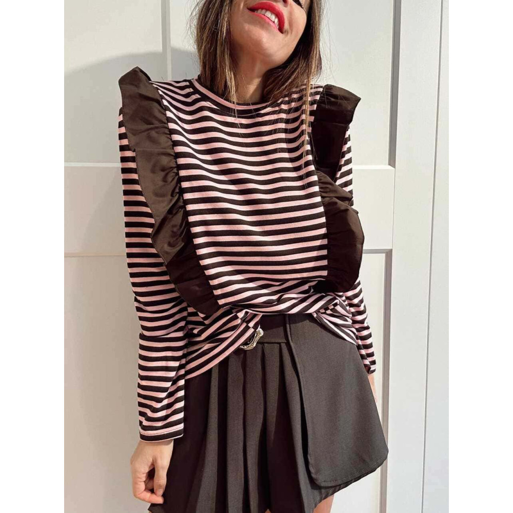 Camiseta Rayas con Volante GHAZAL Marrón/Rosa HEVE