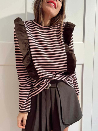 Camiseta Rayas con Volante GHAZAL Marrón/Rosa HEVE