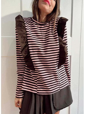 Camiseta Rayas con Volante GHAZAL Marrón/Rosa HEVE