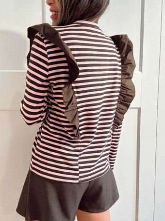 Camiseta Rayas con Volante GHAZAL Marrón/Rosa HEVE