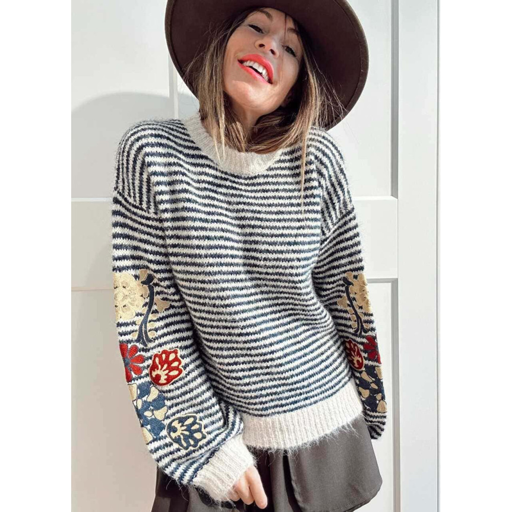 Jersey Rayas Bordado Floral RAWLINE Marino HEVE