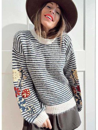 Jersey Rayas Bordado Floral RAWLINE Marino HEVE