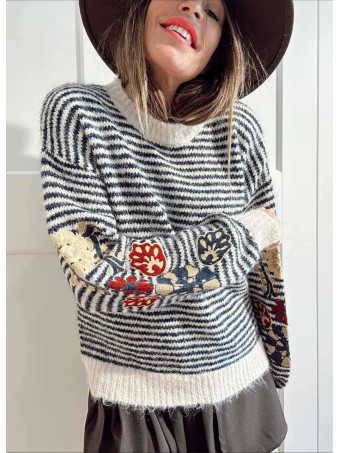 Jersey Rayas Bordado Floral RAWLINE Marino HEVE