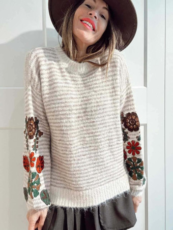 Jersey Rayas Bordado Floral RAWLINE Taupe HEVE