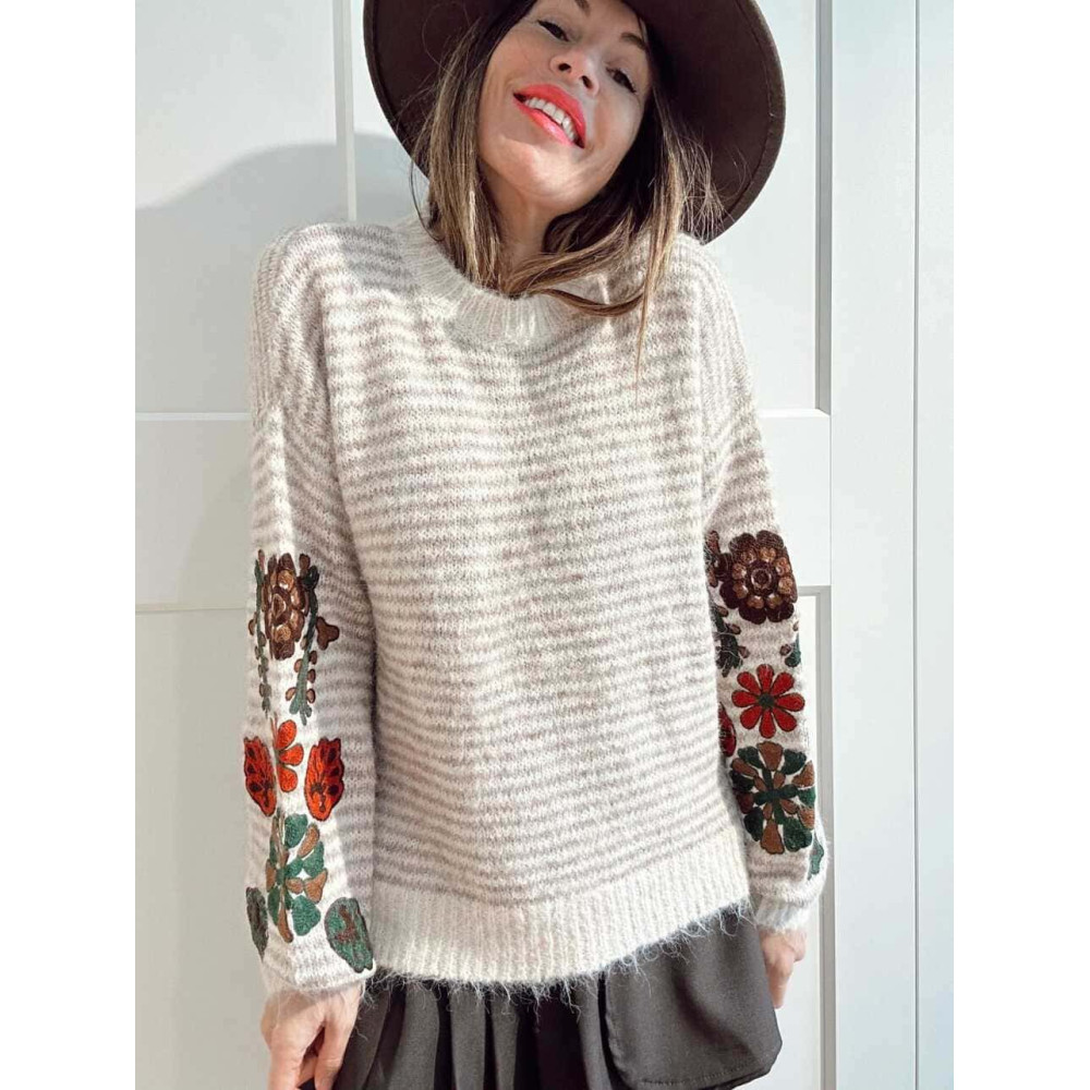 Jersey Rayas Bordado Floral RAWLINE Taupe HEVE