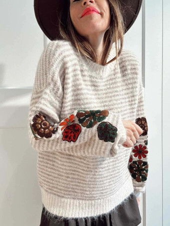 Jersey Rayas Bordado Floral RAWLINE Taupe HEVE