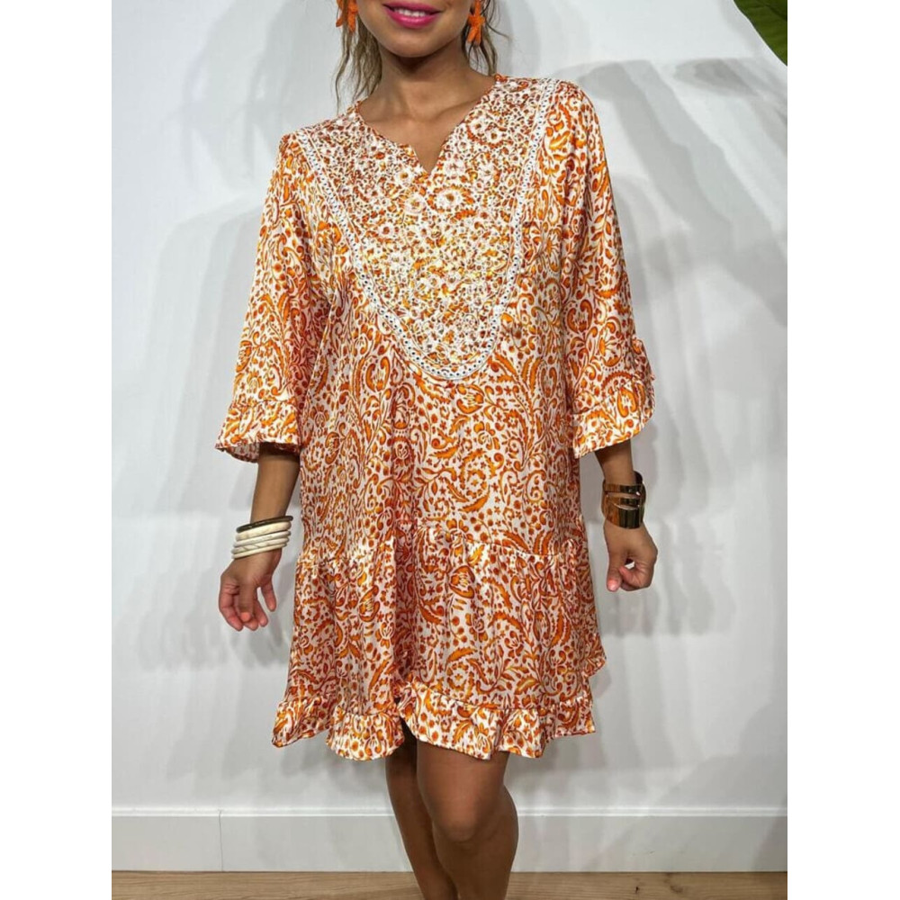 Vestido Volantes Estampado MOARILLA Naranja HEVE