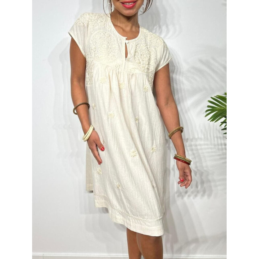 Vestido Rústico Bordado AMISHA Beige HEVE