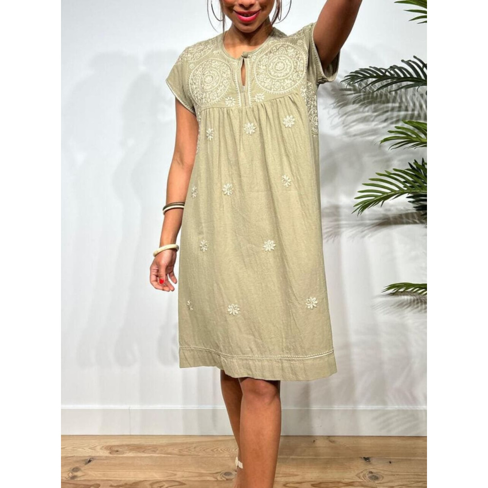 Vestido Rústico Bordado AMISHA Khaki HEVE