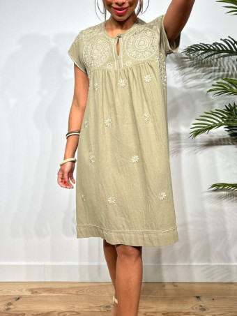Vestido Rústico Bordado AMISHA Khaki HEVE