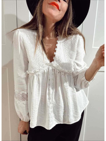 Blusa Romántica Bordado-Perforado MANON Blanco HEVE