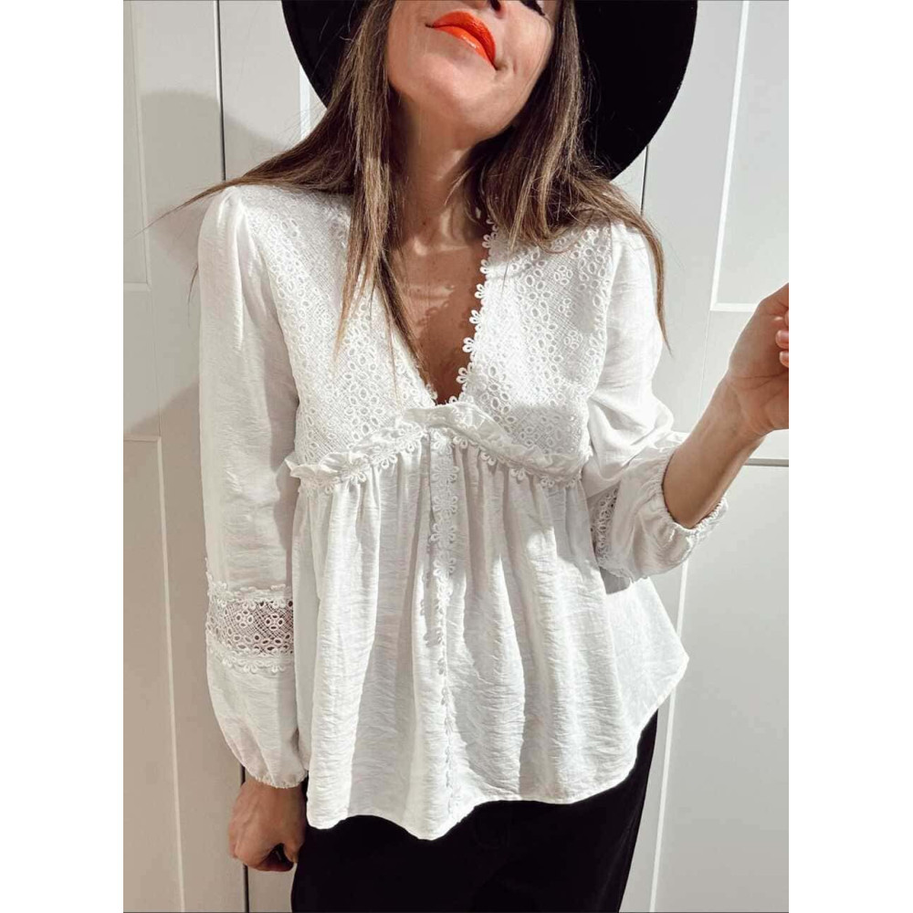 Blusa Romántica Bordado-Perforado MANON Blanco HEVE