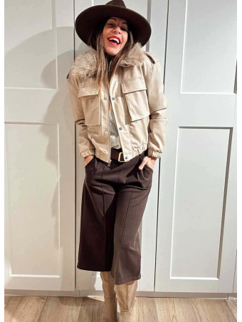 Cazadora Piel Sintética Sobrecuello VALKRA Beige HEVE