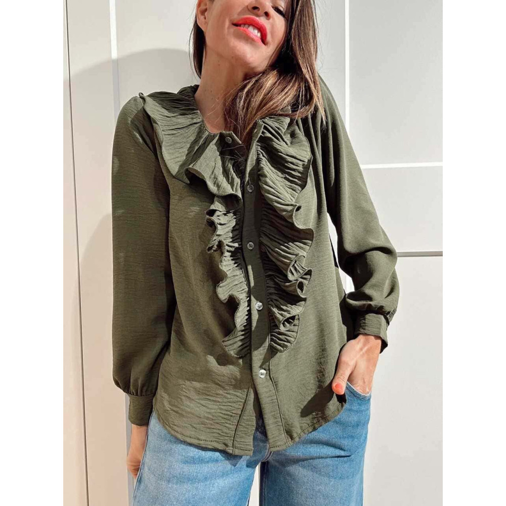 Blusa Fluida Chorreras LULIANNE Verde Militar HEVE